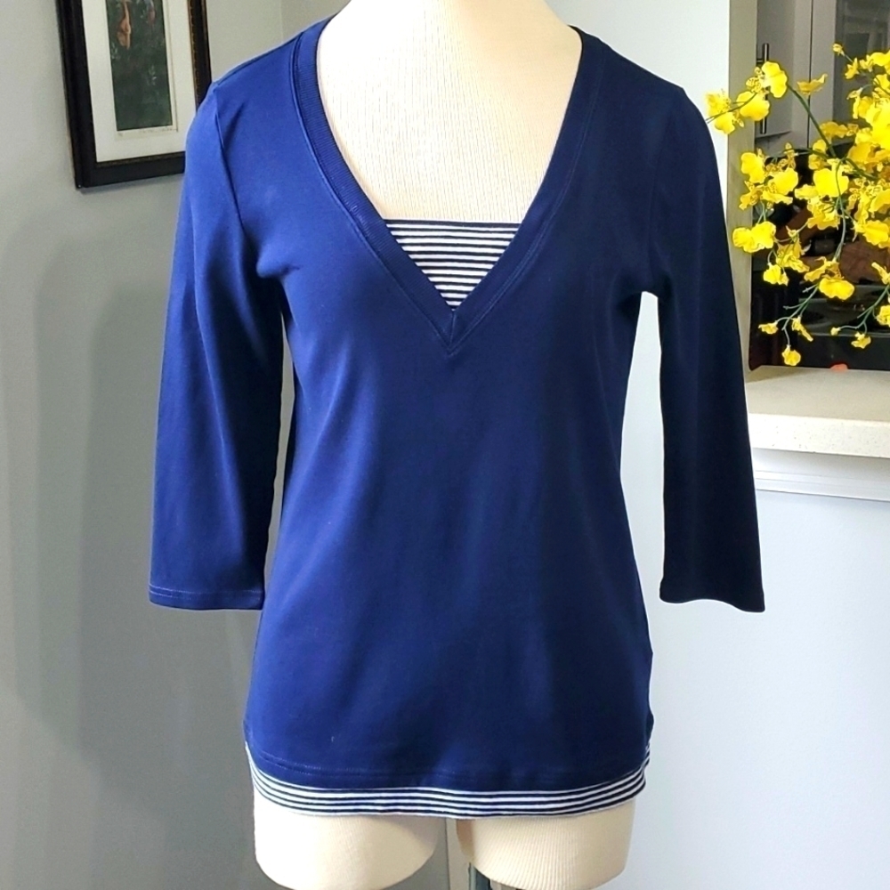 RALPH LAUREN, navy blue top, costal vibe. Size large. 3/4 sleeves. Pull over.
